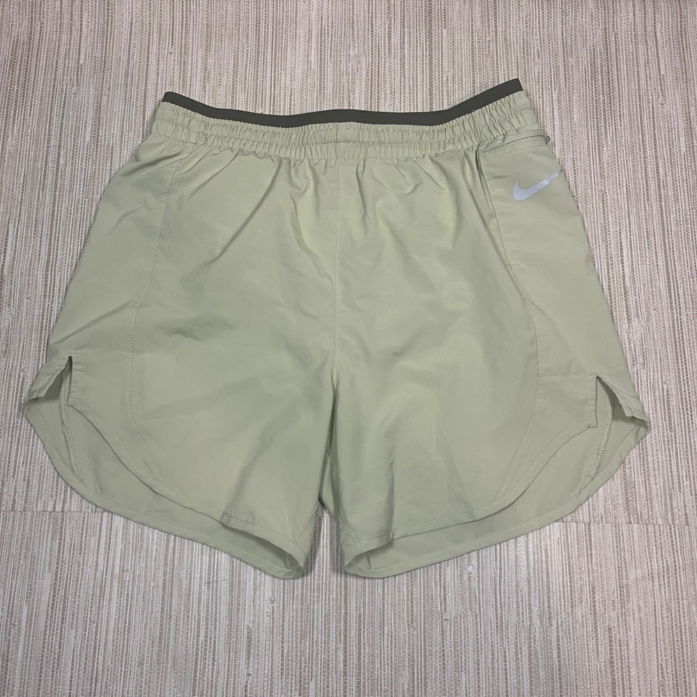 Nike Dri Fit Running Shorts Womens XS Light Khaki Reflective Swoosh Pocket